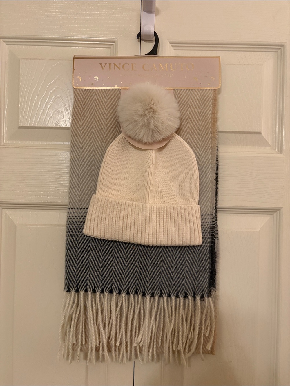 Vince Camuto Ivory Pom Beanie with Two-Tone Herringbone Scarf